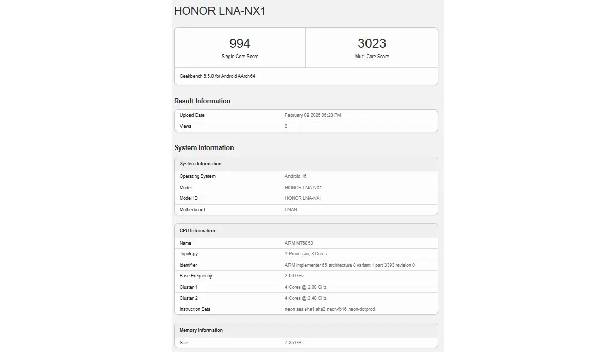 Honor 600 Lite aparece en Geekbench con chipset Dimensity 7100