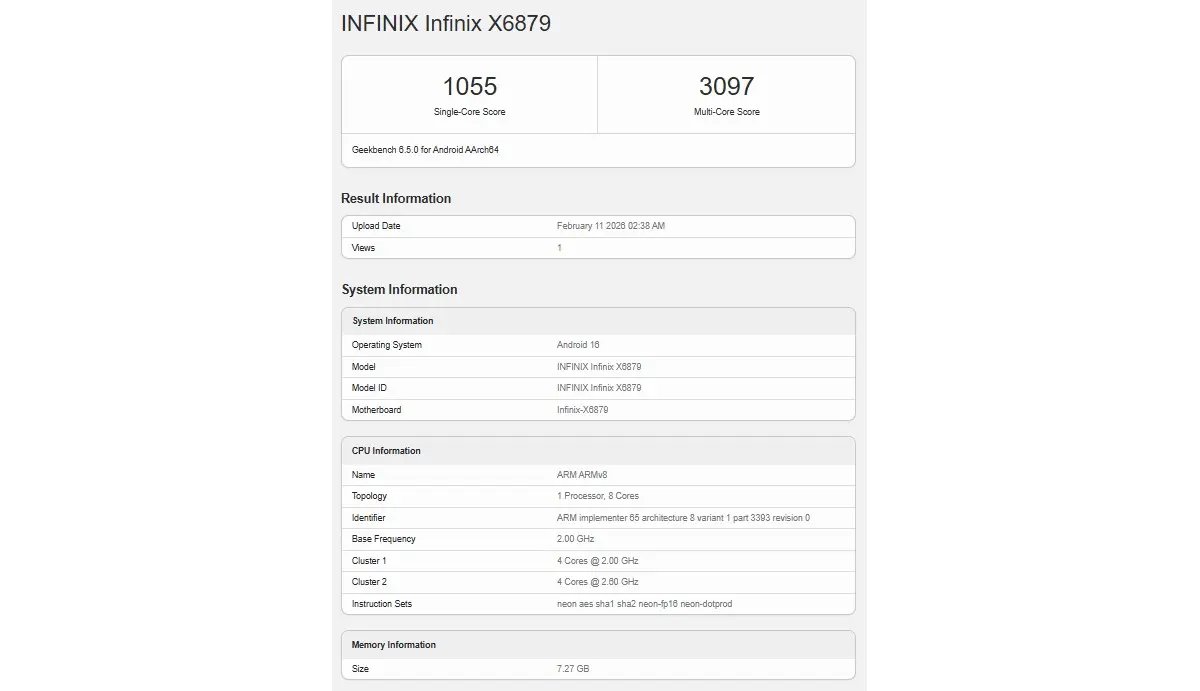 Las puntuaciones Geekbench del Infinix Note 60 revelan el MediaTek Dimensity 7400