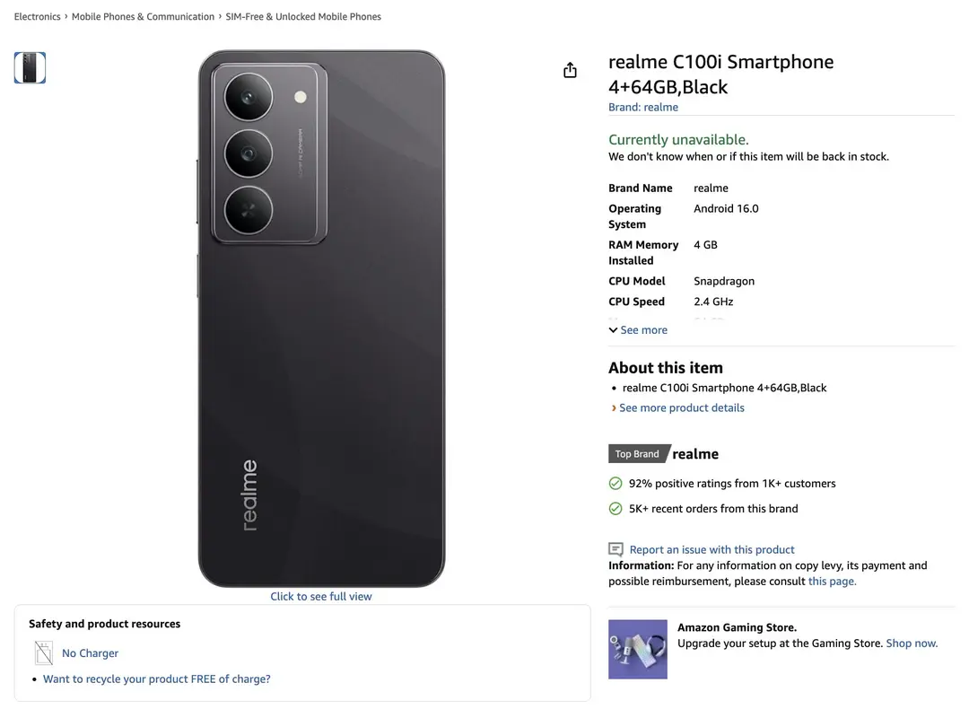 Realme C100i en Amazon